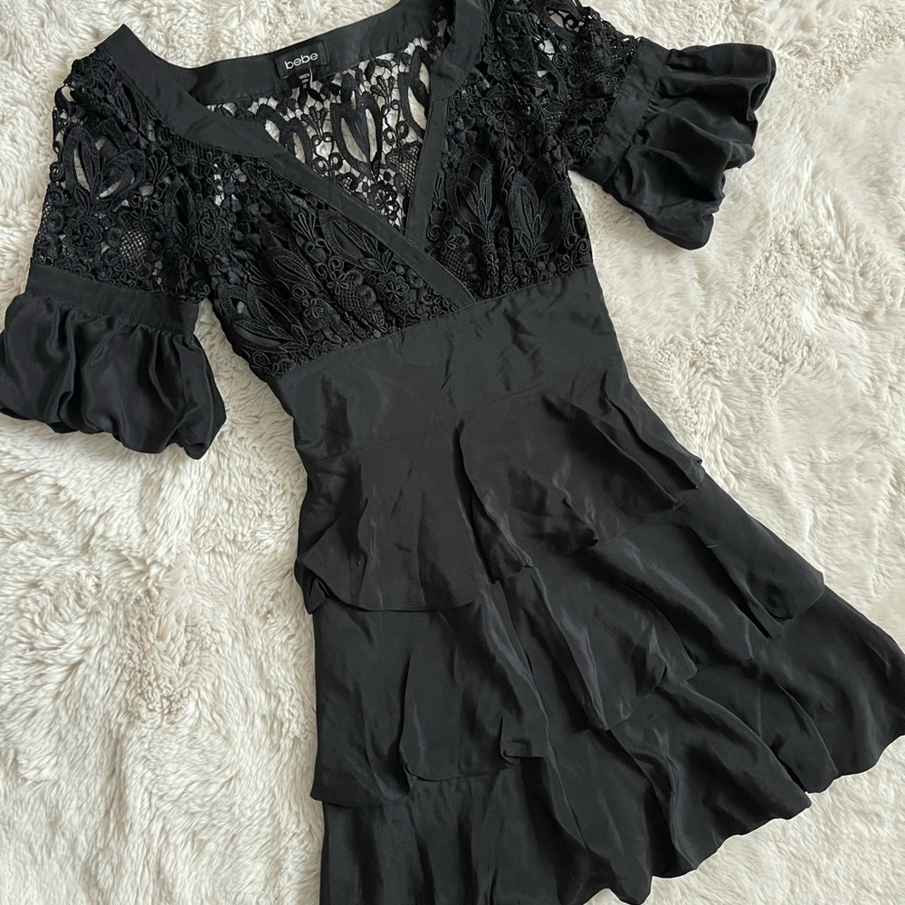 Bebe Black Fit and Flare Mini Dress with Bell Sleeves